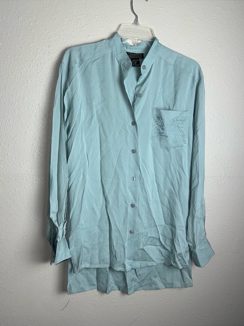 Vintage 100% Silk Suzelle Button Down Blouse Embroidered Pocket, Size 4